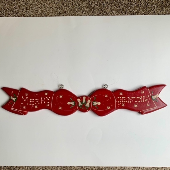 Red Merry Christmas Hanging Wood Sign Wall Plaque Ribbon Bow Hand Painted 24” - Picture 4 of 16